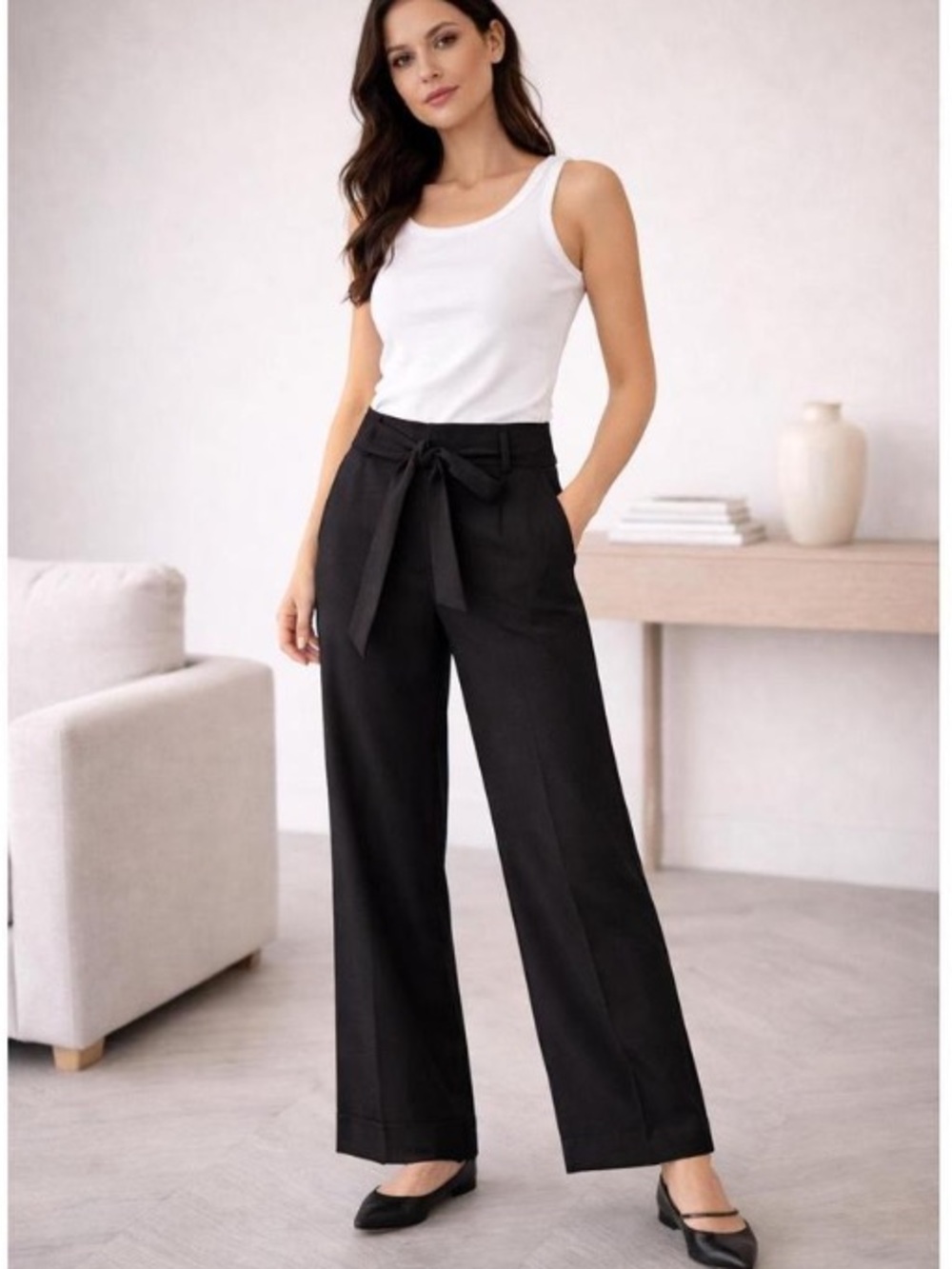BODEN Women’s Black Trouser Wide Leg Pants with Tie Waist